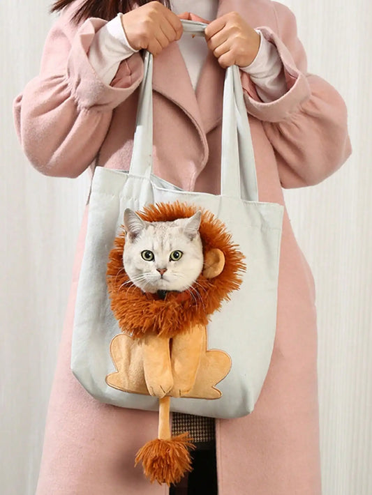 Pet Canvas Shoulder Bag Lion Shaped Cute Cat Carrier Portable Shoulder Carrying Bag Chest Cat Bag Outdoor Cat Tote