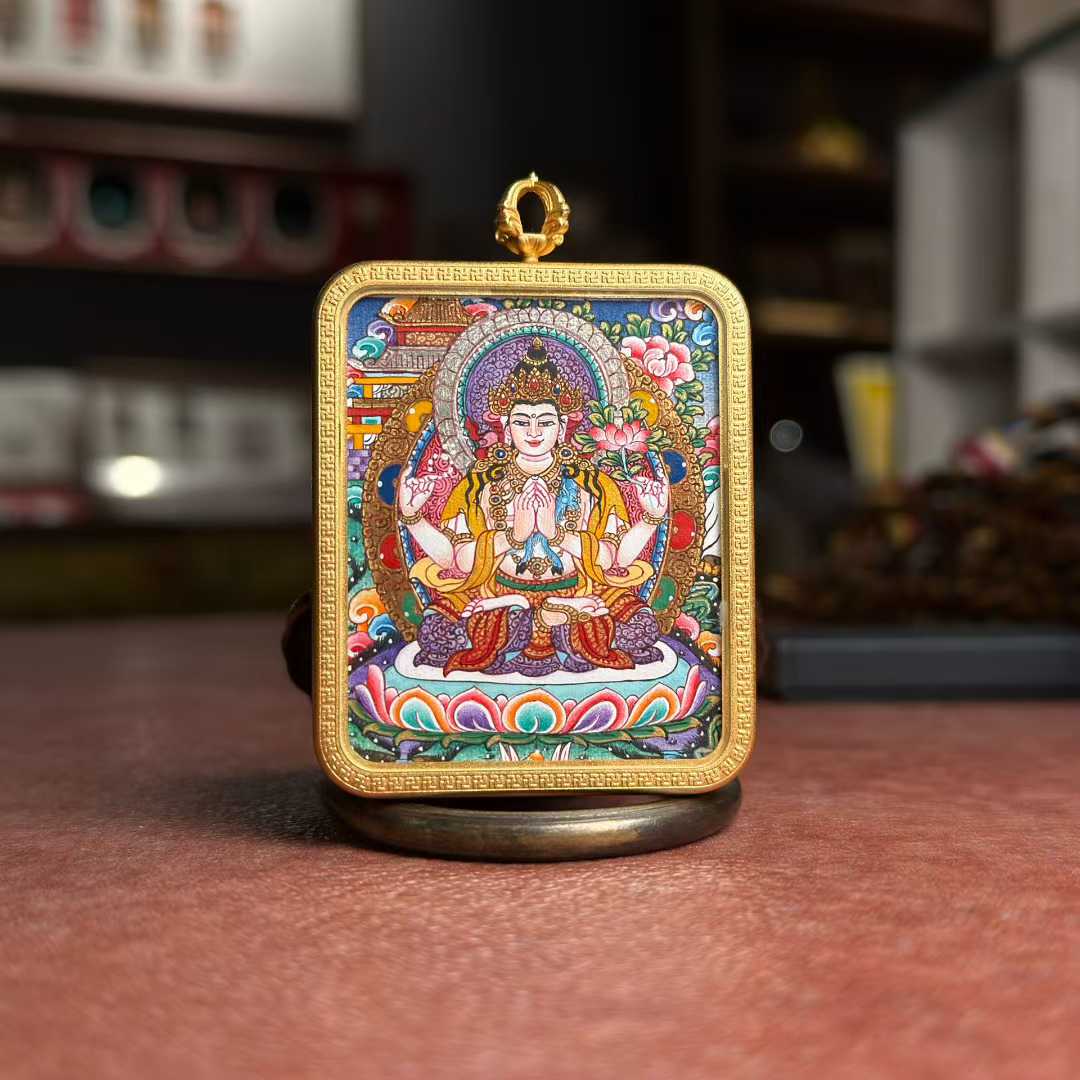 Four-Armed Avalokiteshvara Hand-Painted Thangka Pendant