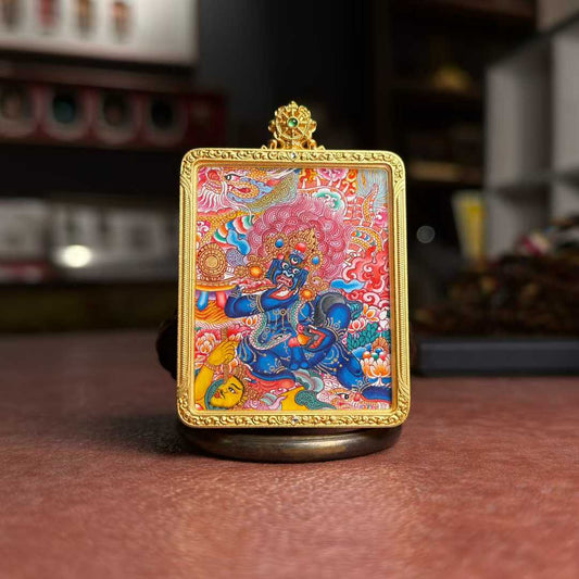 Black Jambhala Hand-Painted Thangka Pendant黑财神